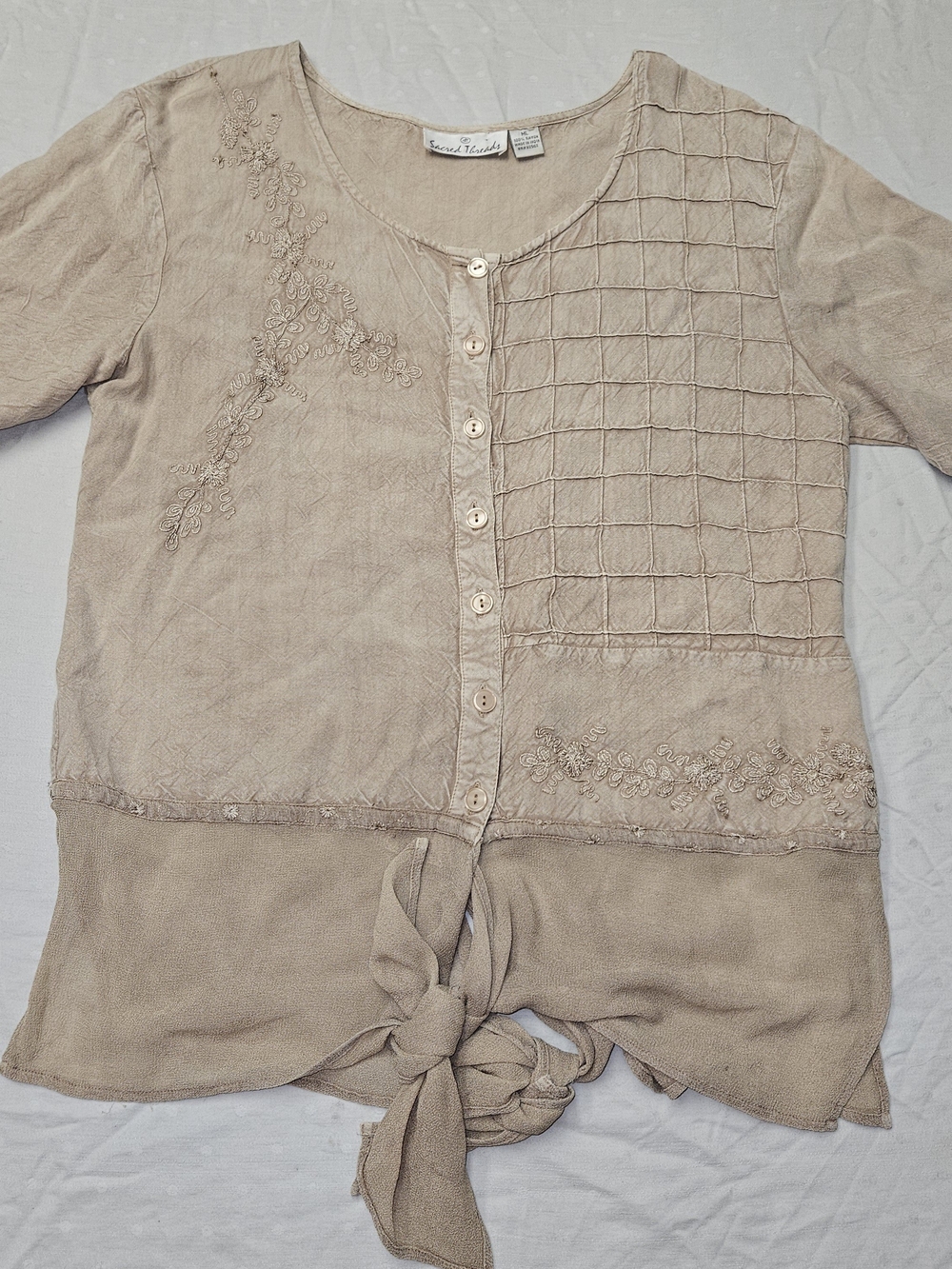Sacred Threads Taupe Button-Front Tie-Hem Top with Embroidered Detail